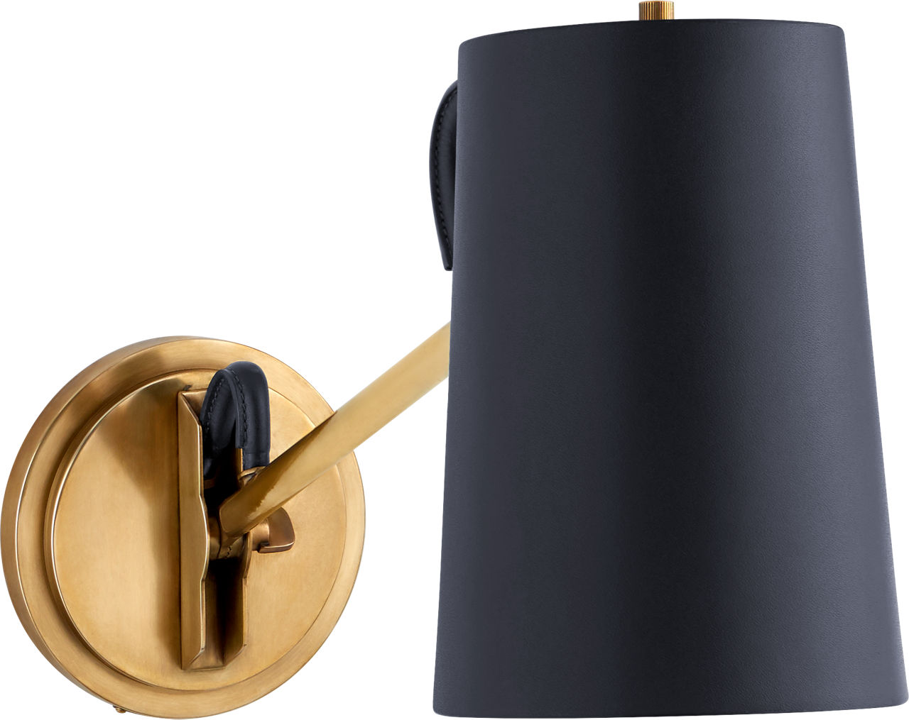 Benton Single Library Sconce in Natural Brass with Navy Leather Shade