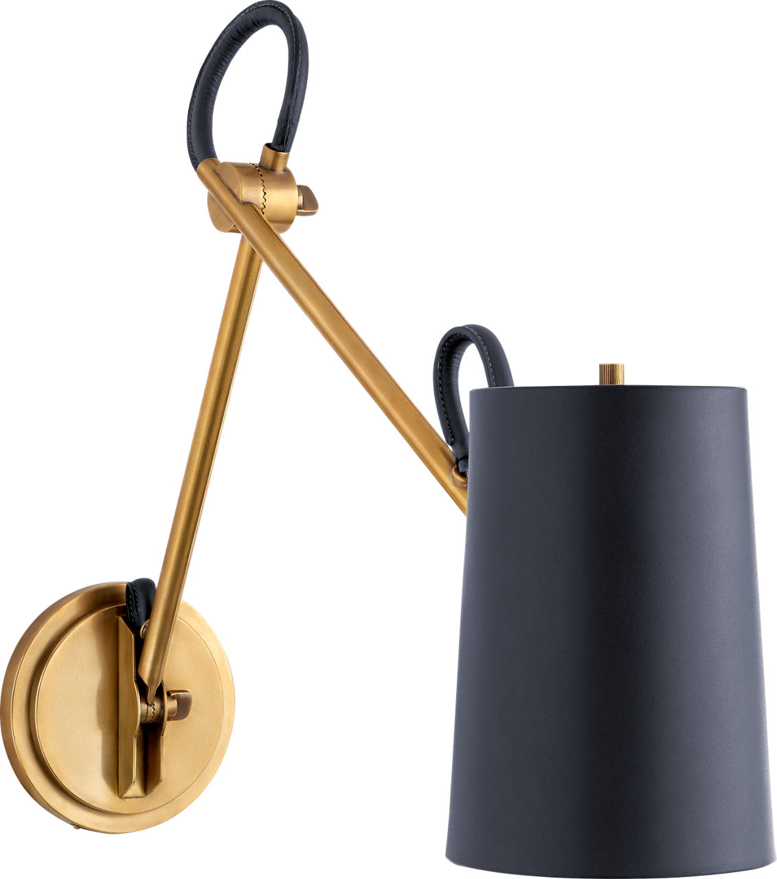 Benton Double Library Sconce in Natural Brass with Navy Leather Shade