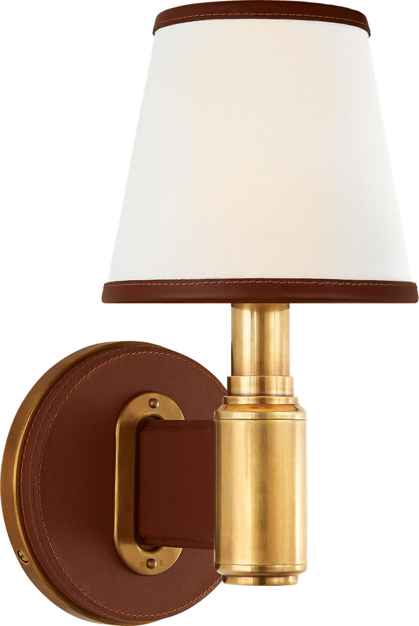 Riley Single Sconce in Natural Brass and Saddle Leather with Leather Trimmed Linen Shades