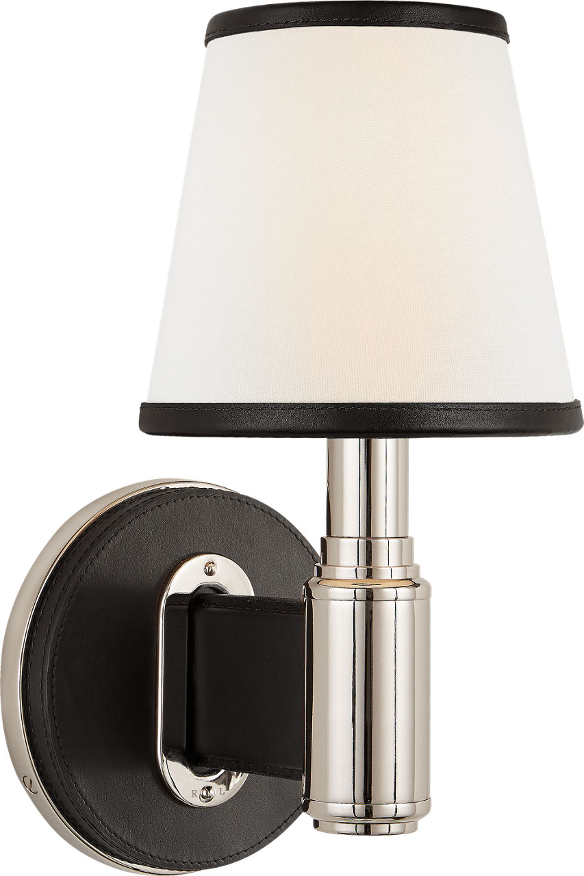 Riley Single Sconce in Polished Nickel and Chocolate Leather with Leather Trimmed Linen Shades