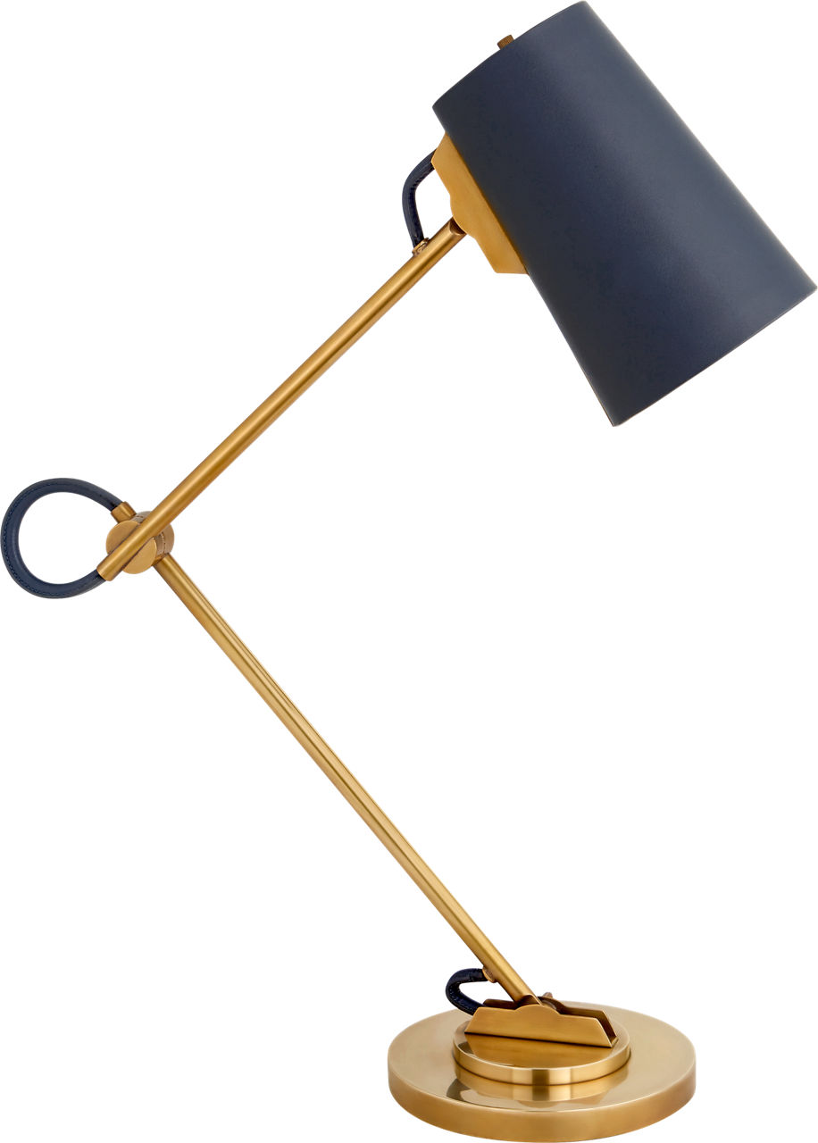 Benton Adjustable Desk Lamp in Natural Brass with Navy Leather Shade