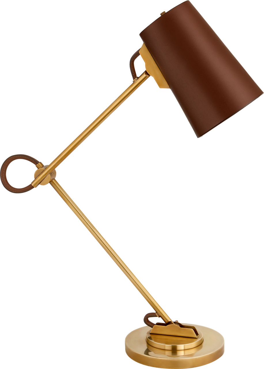 Benton Adjustable Desk Lamp in Natural Brass with Saddle Leather Shade