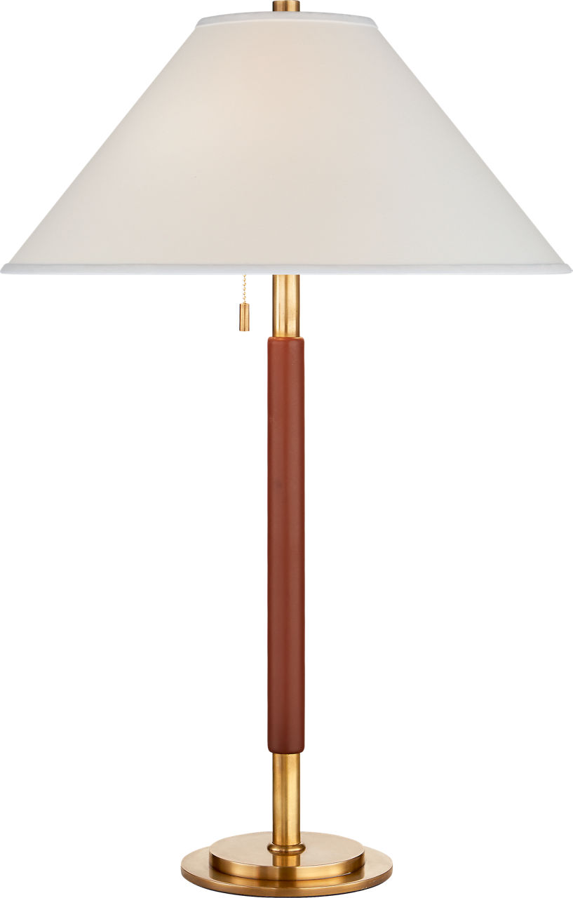 Garner Table Lamp in Natural Brass and Saddle Leather with Percale Shade
