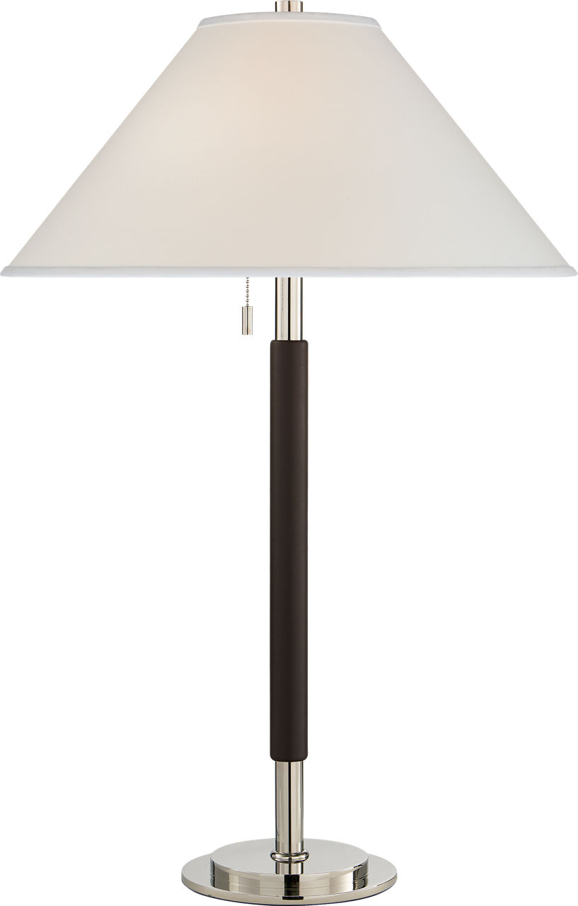 Garner Table Lamp in Polished Nickel and Chocolate Leather with Percale Shade