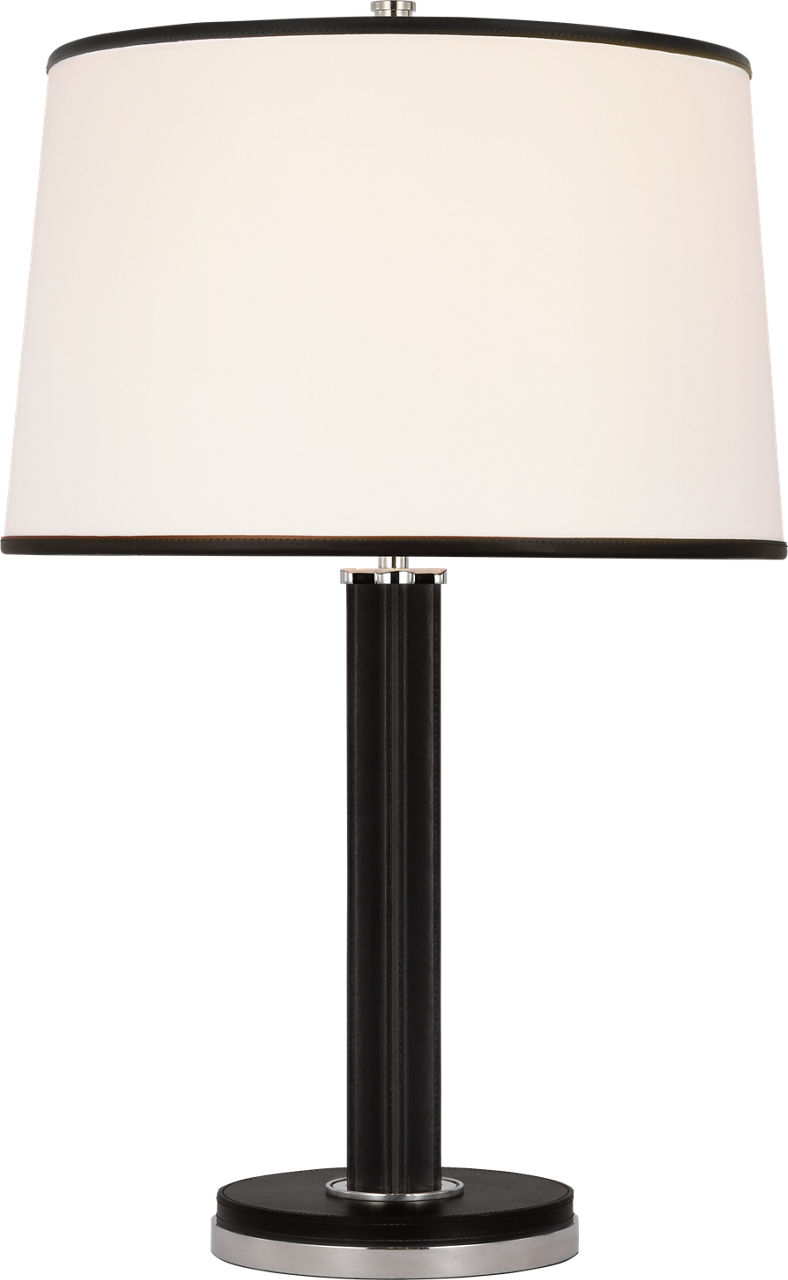 Riley Medium Table Lamp in Polished Nickel and Chocolate Leather with Leather Trimmed Linen Shade