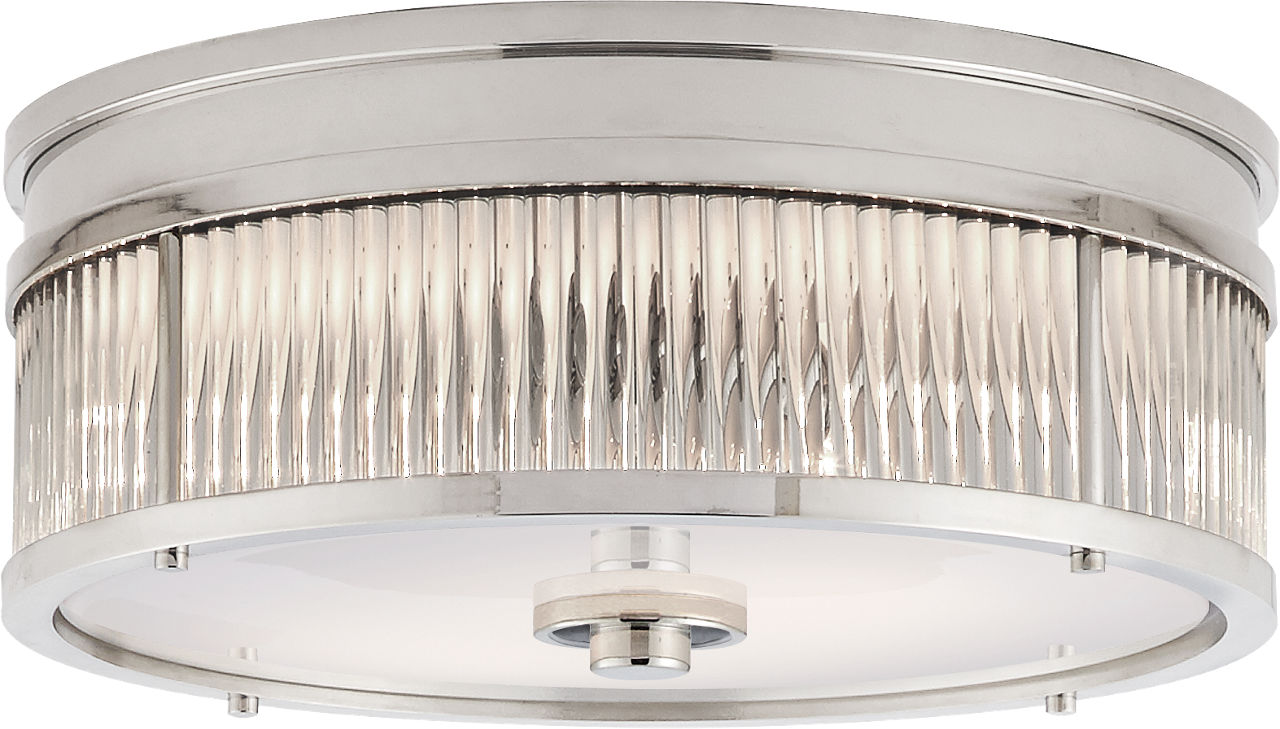 Allen Small Round Flush Mount in Polished Nickel and Glass Rods with White Glass