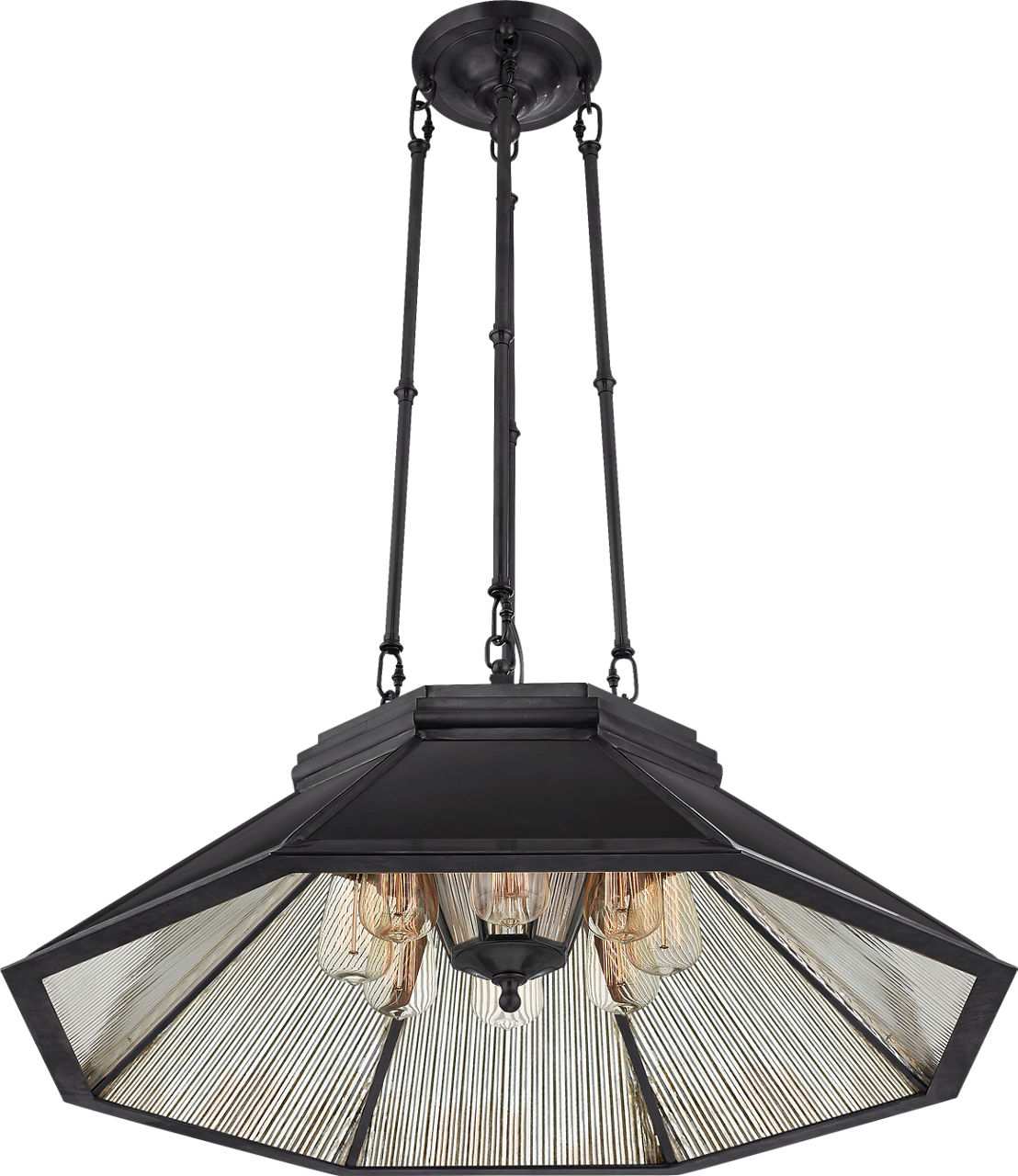 Rivington Medium Eight-Paneled Chandelier in Bronze with Antiqued Ribbed Mirror