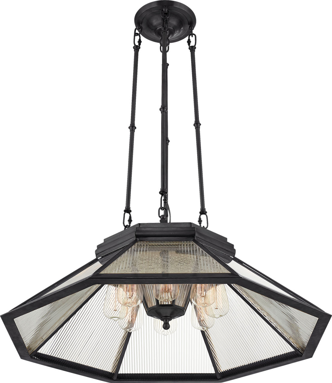 Rivington Medium Eight-Paneled Chandelier in Bronze with Clear Ribbed Glass