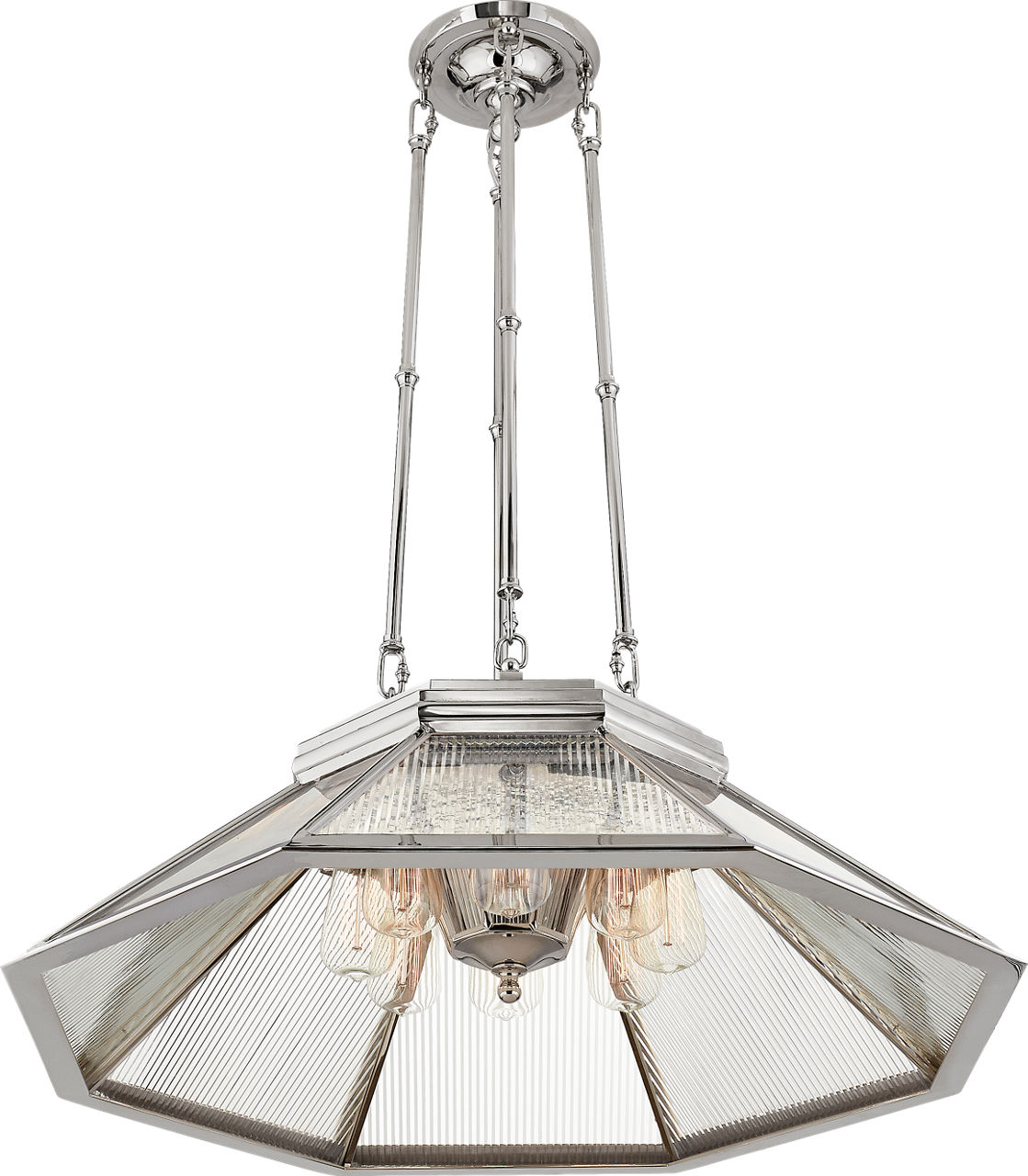 Rivington Medium Eight-Paneled Chandelier in Polished Nickel with Clear Ribbed Glass