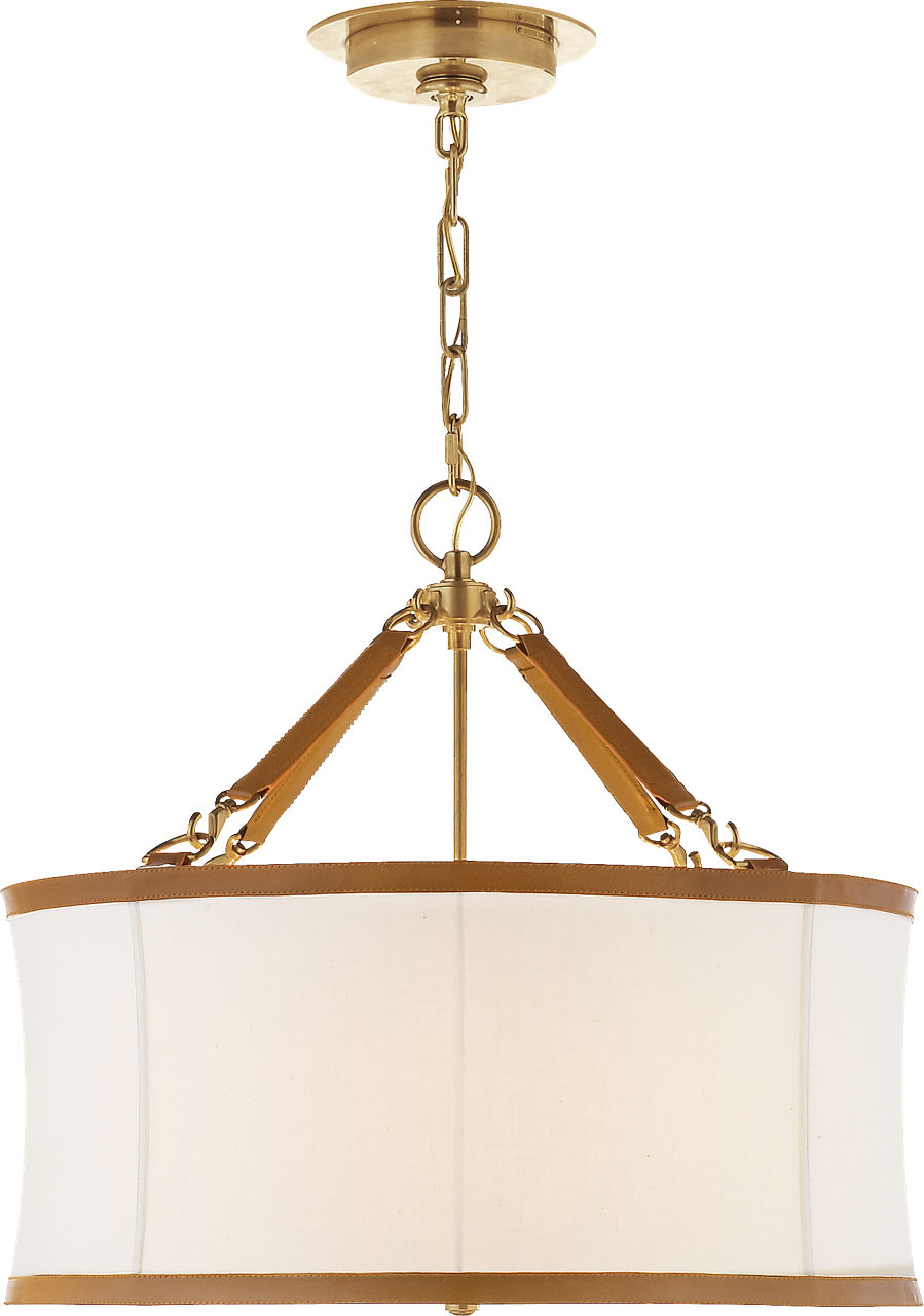Broomfield Small Hanging Shade in Natural Brass and Saddle Leather with Linen Shade