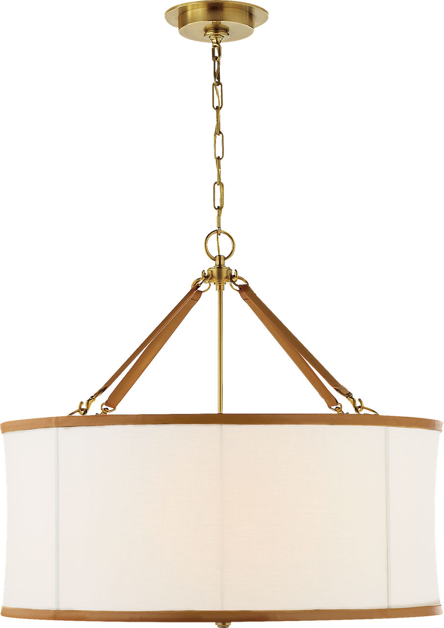 Broomfield Large Hanging Shade in Natural Brass and Saddle Leather with Linen Shade