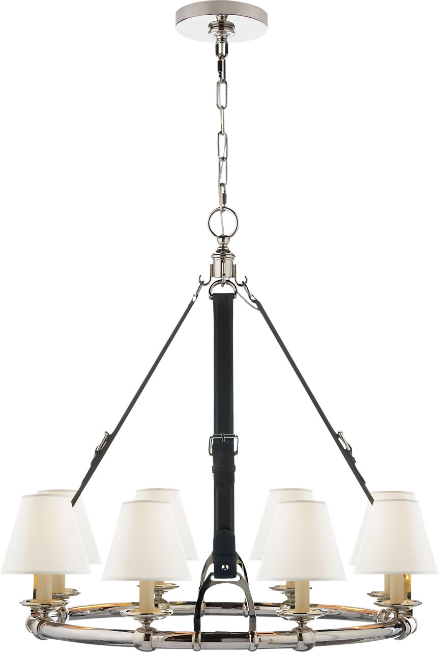 Westbury Chandelier in Polished Nickel and Chocolate Leather with Linen Shades