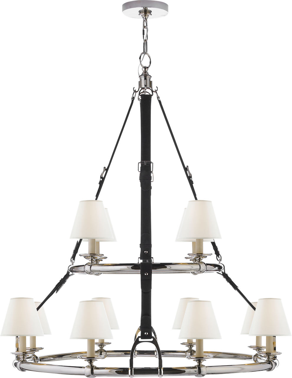 Westbury Double Tier Chandelier in Polished Nickel and Chocolate Leather with Linen Shades