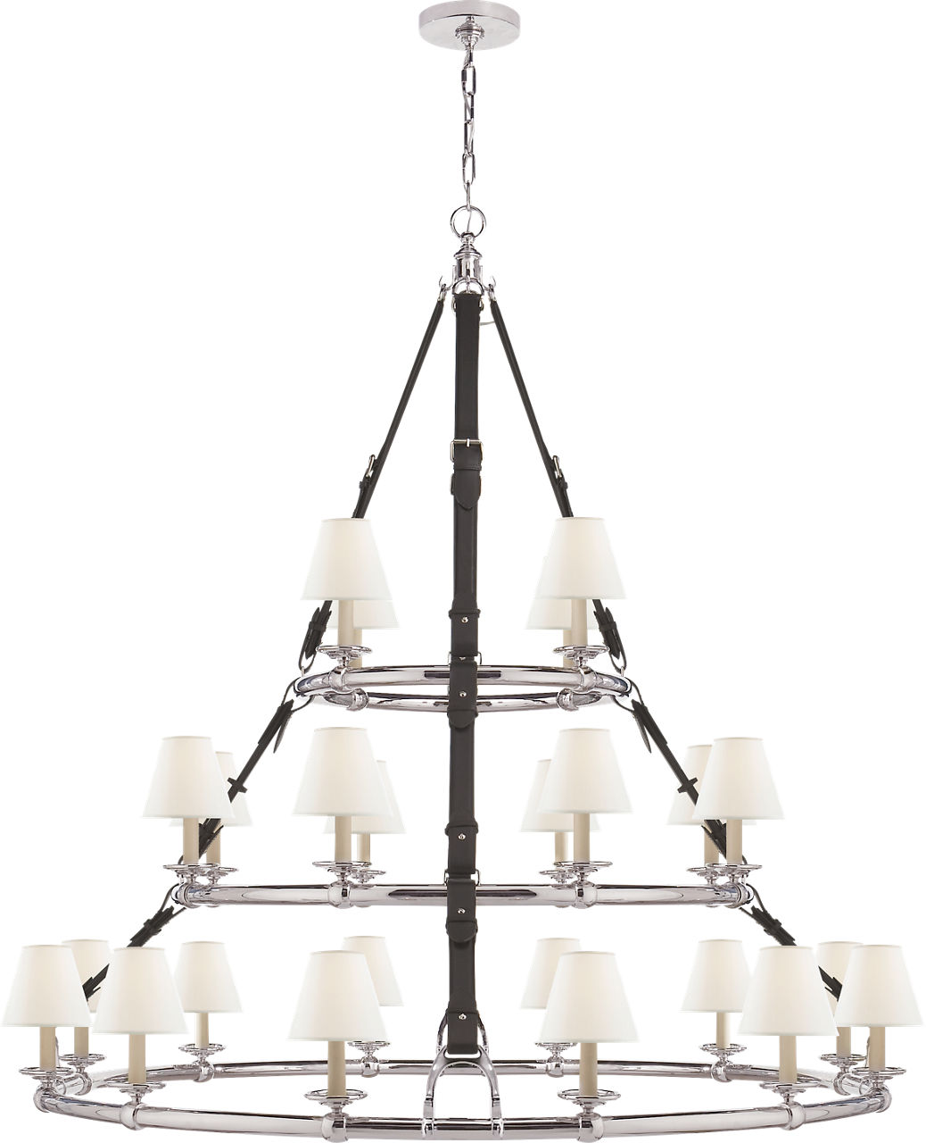 Westbury Triple Tier Chandelier in Polished Nickel and Chocolate Leather with Linen Shades