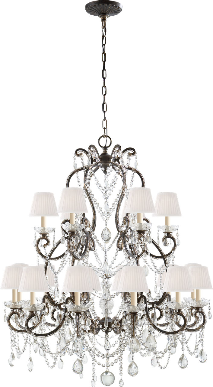 Adrianna Medium Chandelier in Antique Gild and Antiqued Crystal and Silk Shades