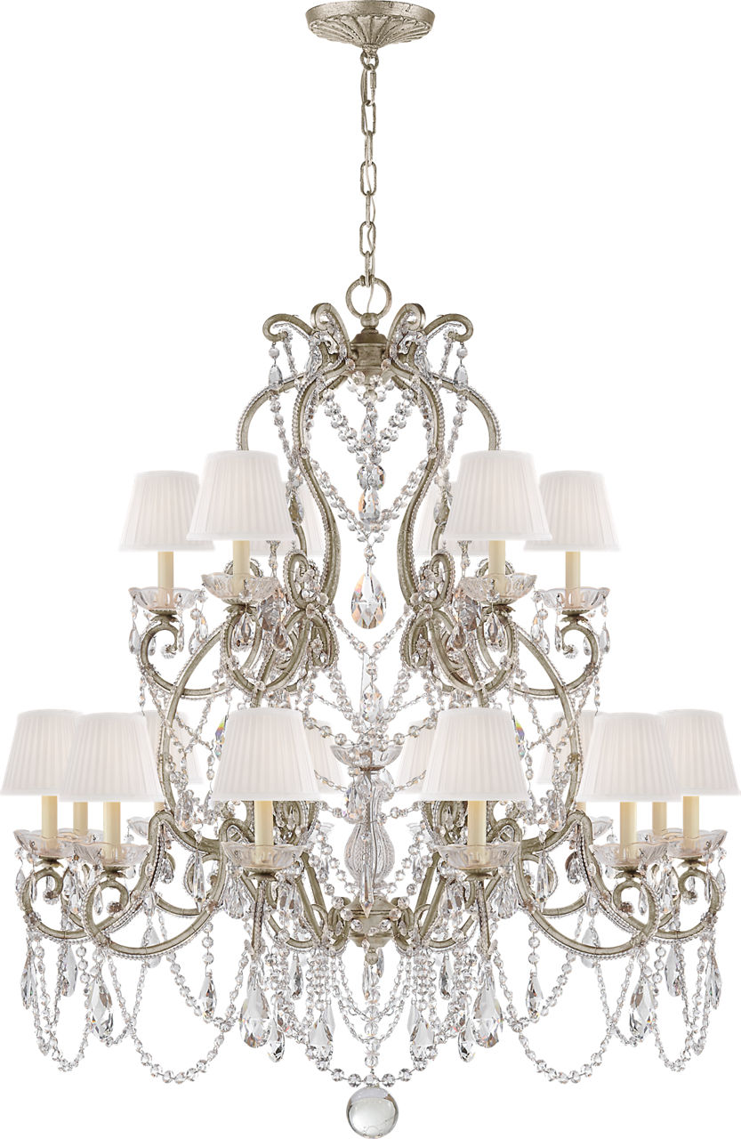 Adrianna Medium Chandelier in Antique Silver Leaf and Crystal with Silk Shades