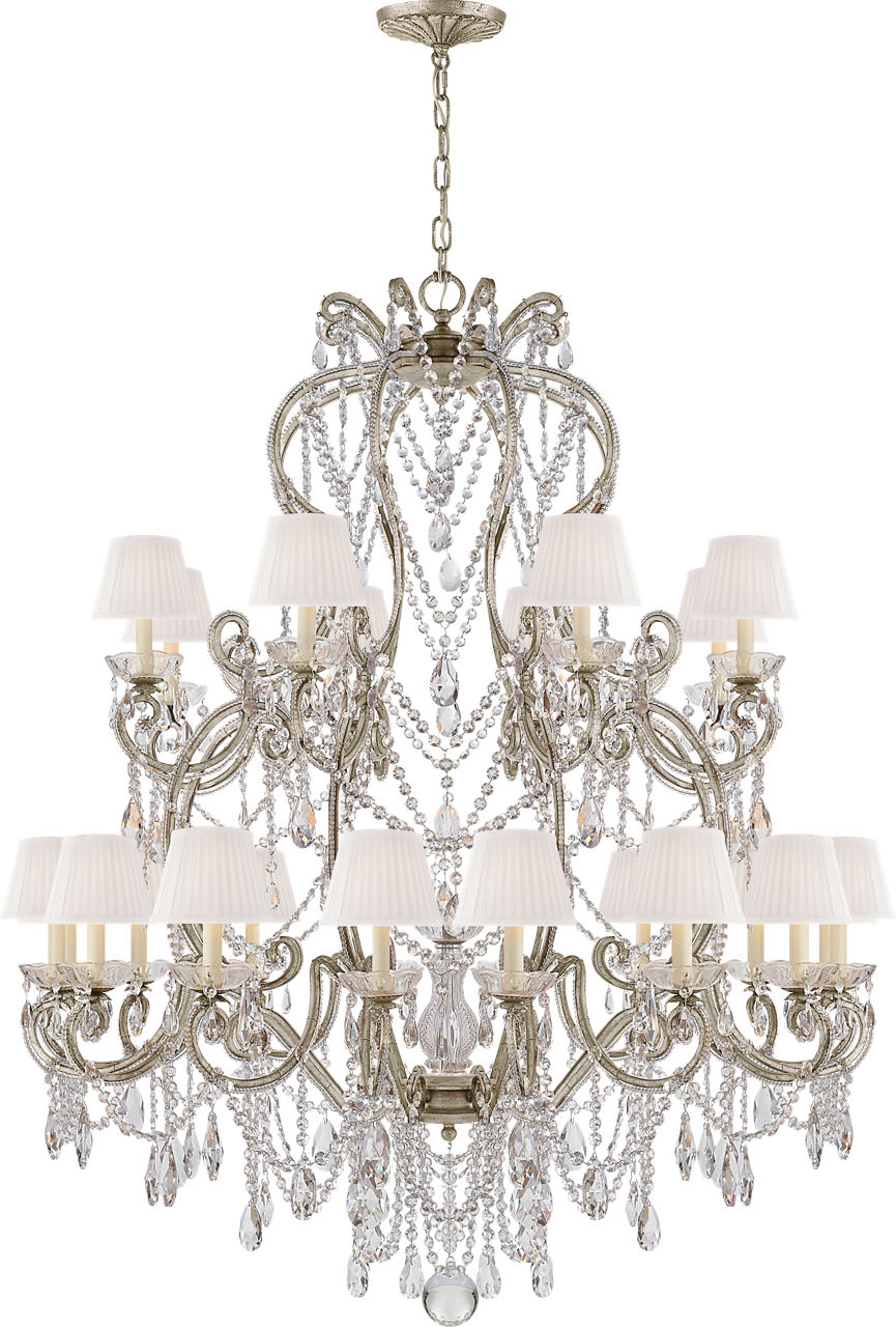 Adrianna Large Chandelier in Antique Silver Leaf and Crystal with Silk Shades