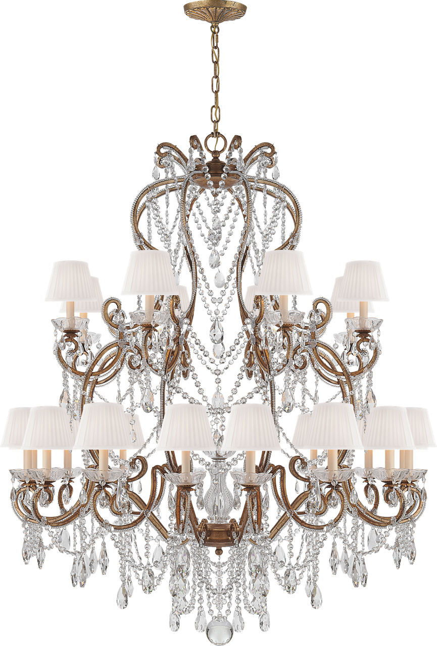 Adrianna Large Chandelier in Gilded Iron and Crystal with Silk Shades