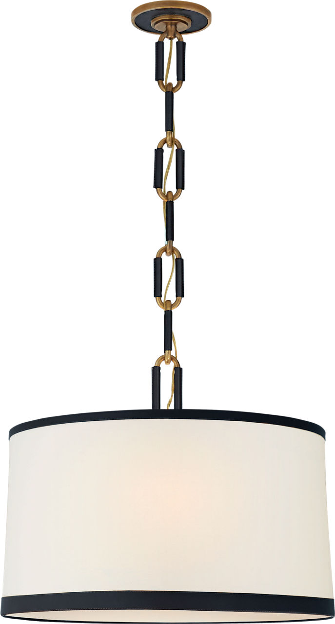 Cody Medium Hanging Shade in Natural Brass with Linen Shade and Navy Leather Trim
