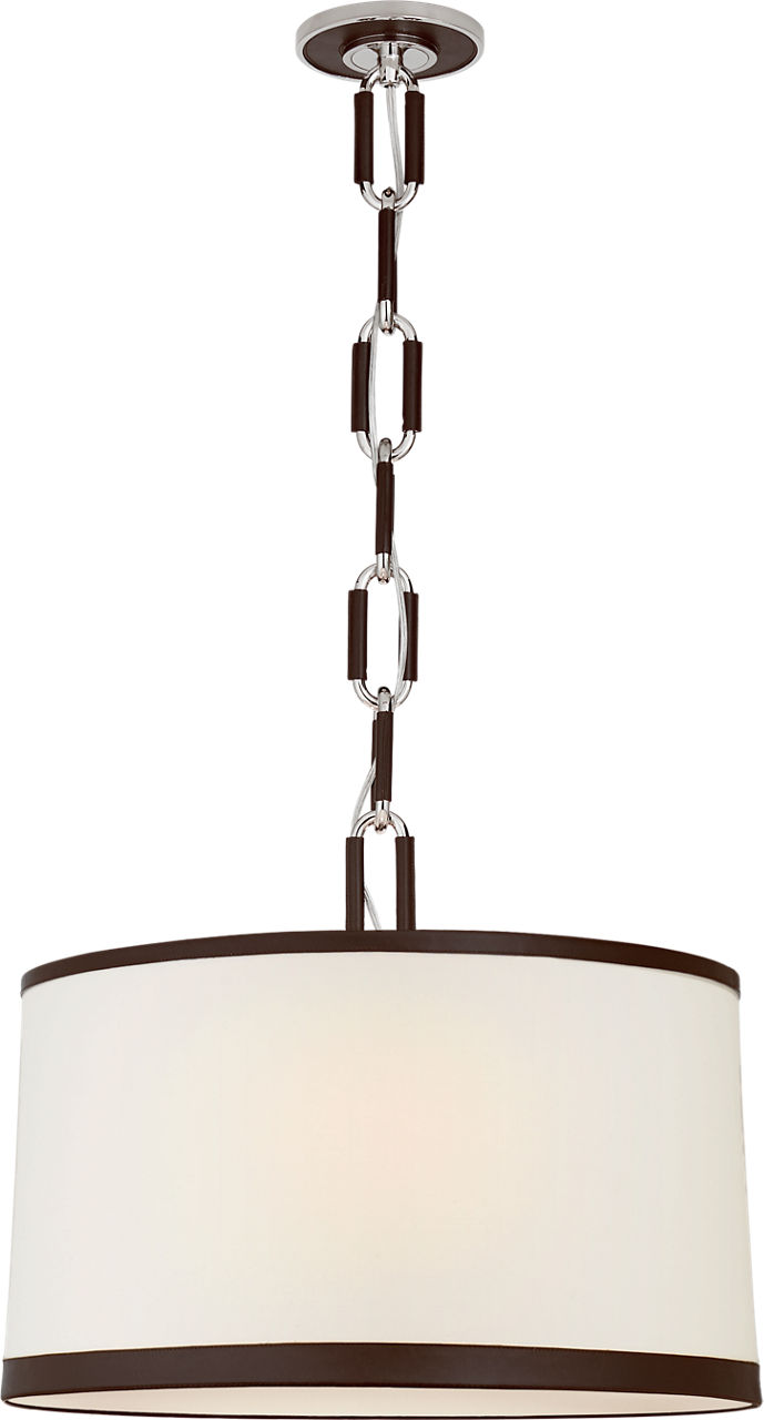 Cody Medium Hanging Shade in Polished Nickel with Linen Shade and Chocolate Leather Trim