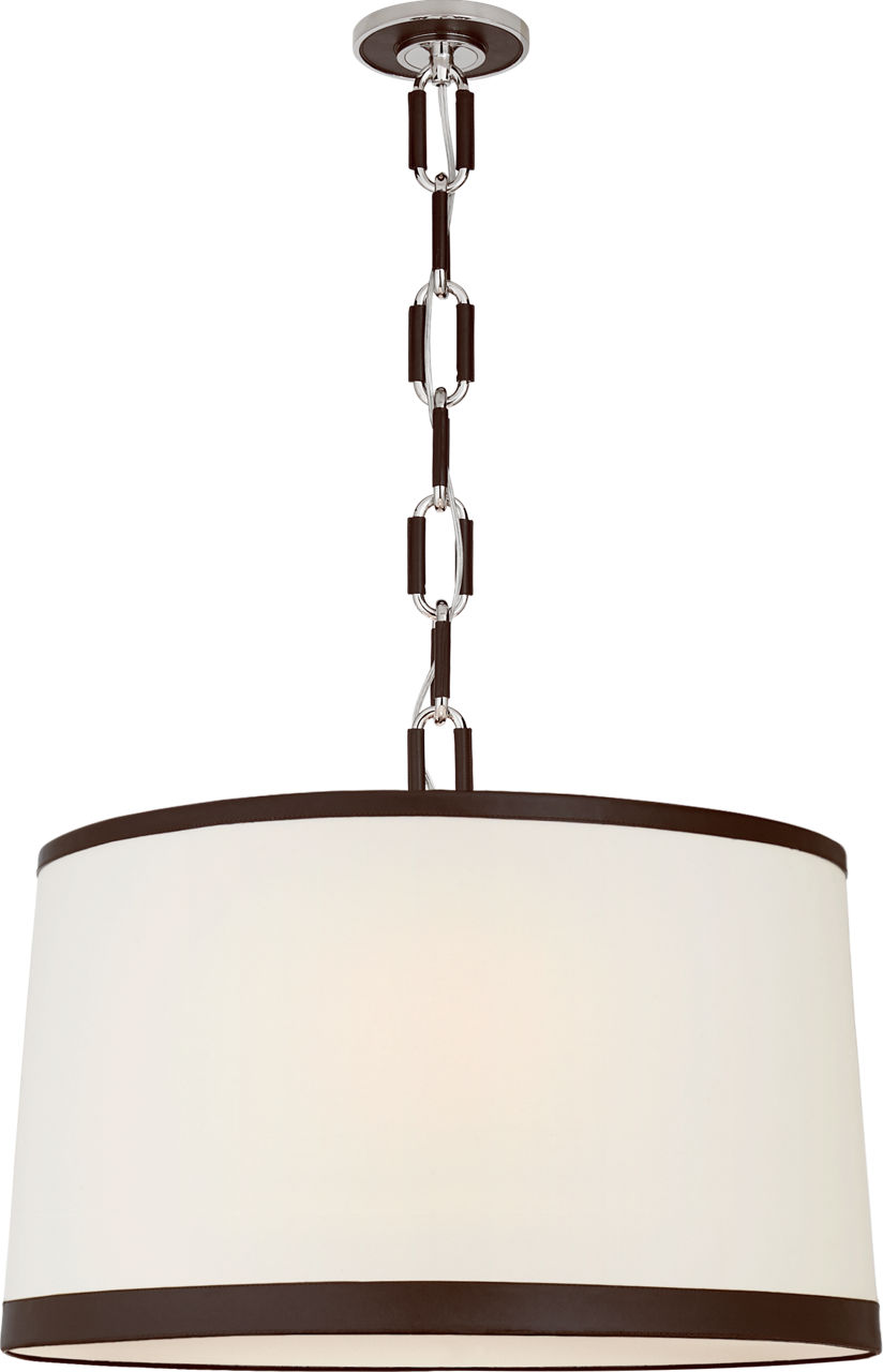 Cody Large Hanging Shade in Polished Nickel with Linen Shade and Chocolate Leather Trim