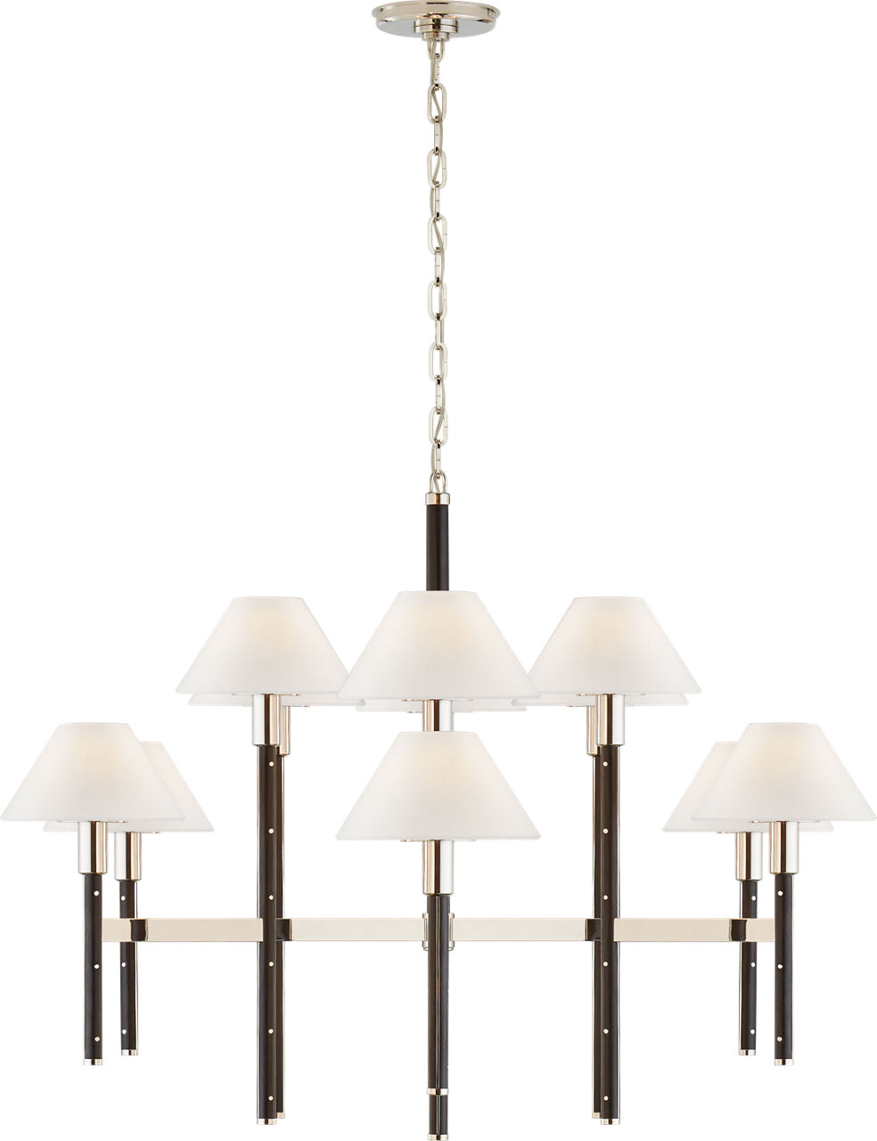 Radford Large Two Tier Chandelier in Polished Nickel and Black Ebony with Linen Shades