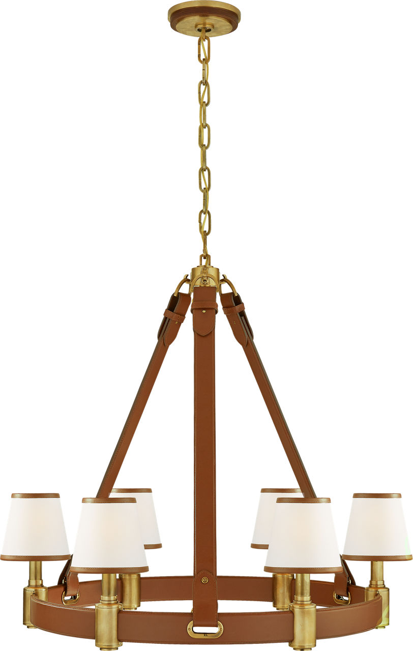 Riley Medium Ring Chandelier in Natural Brass and Saddle Leather with Leather Trimmed Linen Shades