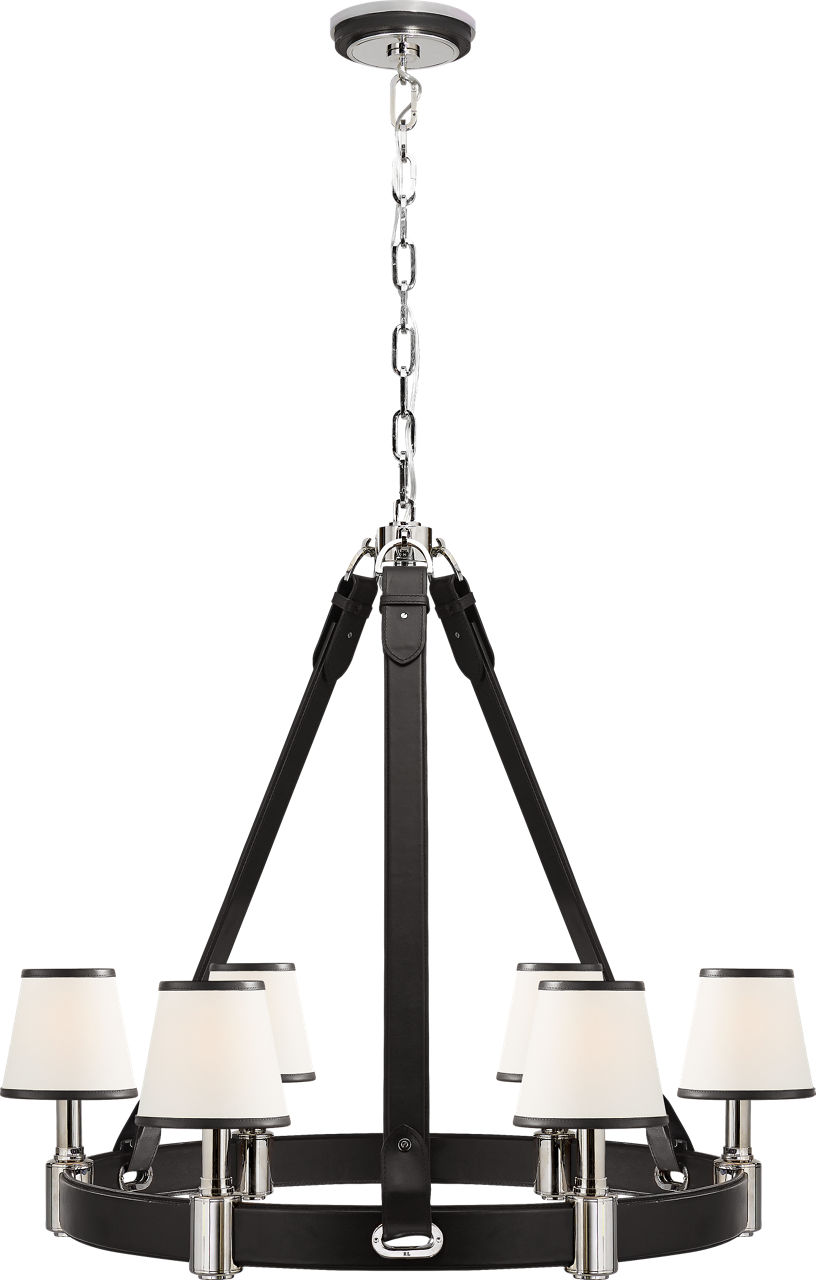 Riley Medium Ring Chandelier in Nickel and Chocolate Leather with Leather Trimmed Linen Shades