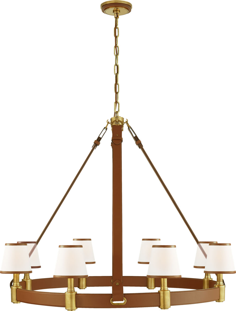 Riley Large Ring Chandelier in Natural Brass and Saddle Leather with Leather Trimmed Linen Shades