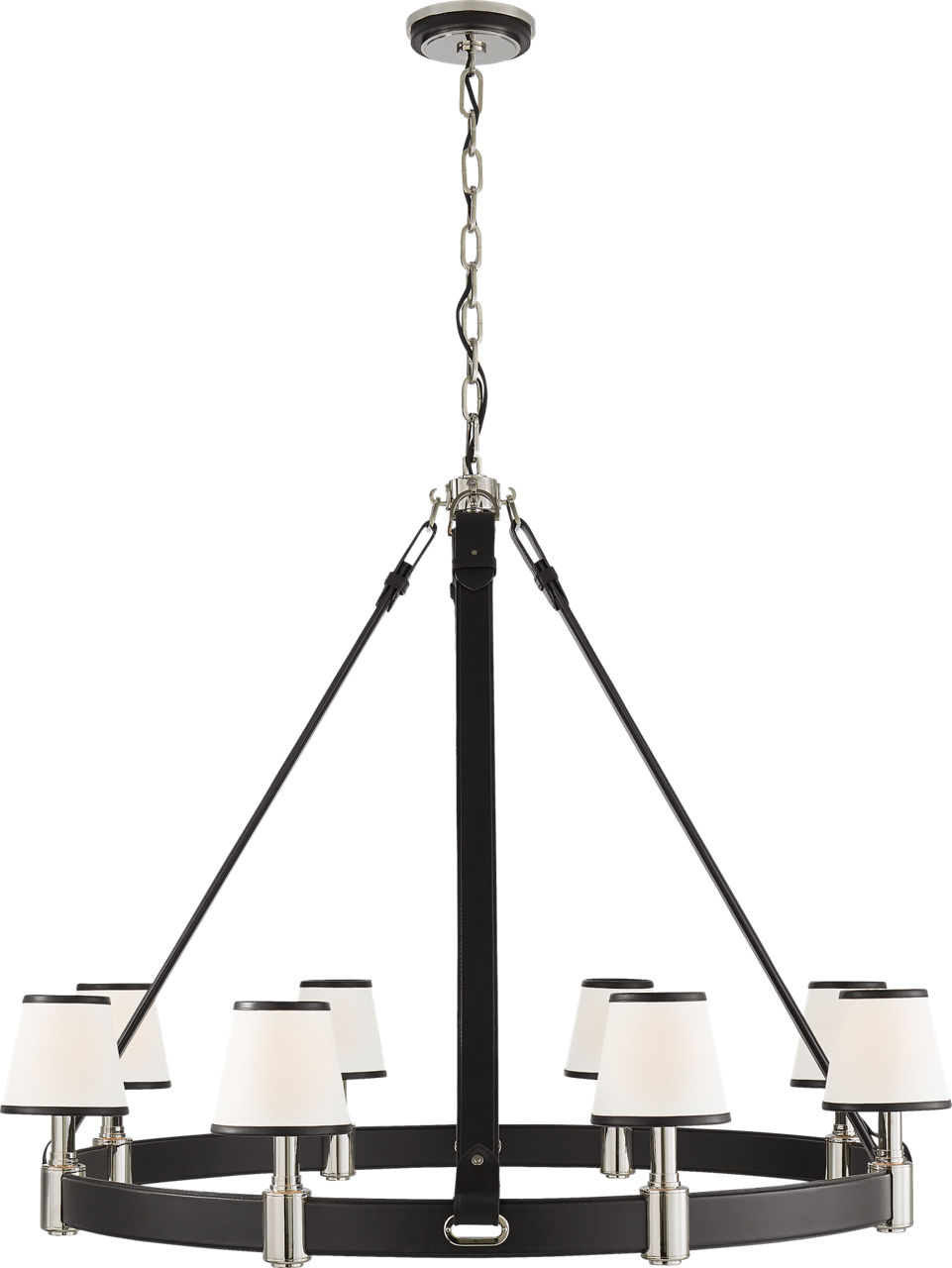 Riley Large Ring Chandelier in Polished Nickel and Chocolate Leather w/ Leather Trimmed Linen Shades