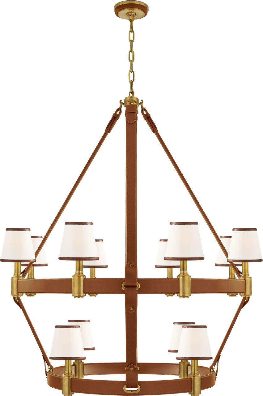 Riley Large Two Tier Chandelier in Natural Brass and Saddle Leather with Leather Trimmed Linen Shades