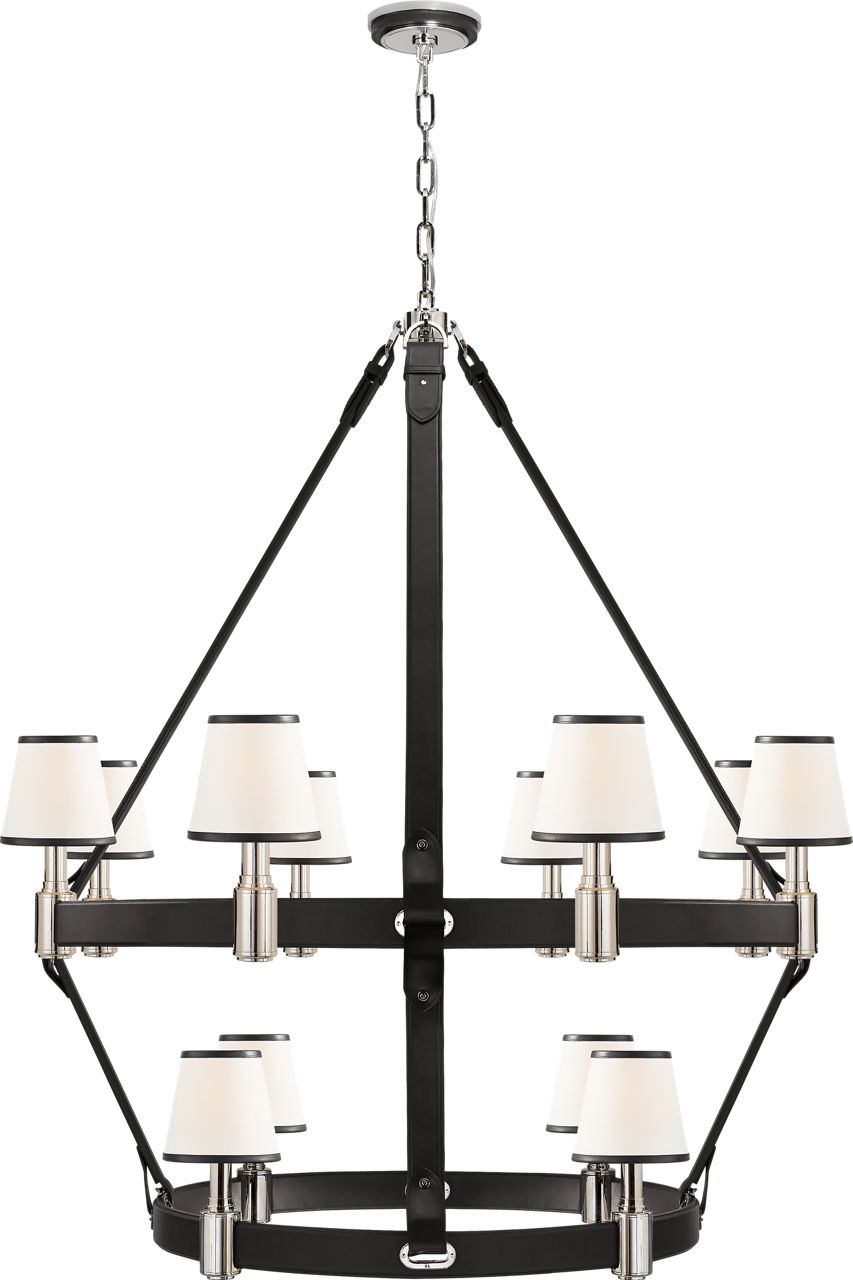 Riley Large Two Tier Chandelier in Nickel and Chocolate Leather with Leather Trimmed Linen Shades