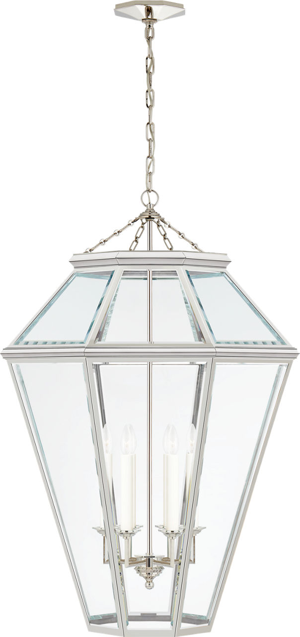 Edmund Large Lantern in Polished Nickel with Clear Beveled Glass
