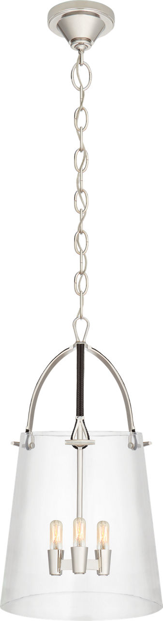 Julian Medium Lantern in Polished Nickel and Chocolate Leather with Clear Glass