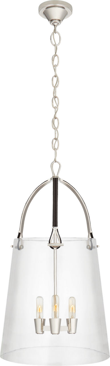 Julian Large Lantern in Polished Nickel and Chocolate Leather with Clear Glass