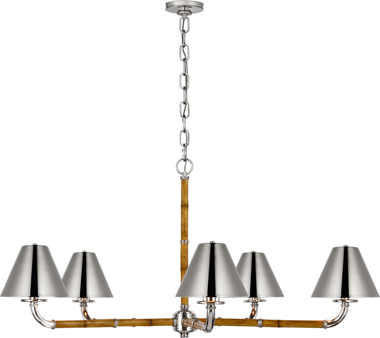 Dalfern Large Chandelier in Waxed Bamboo and Polished Nickel with Polished Nickel Shades