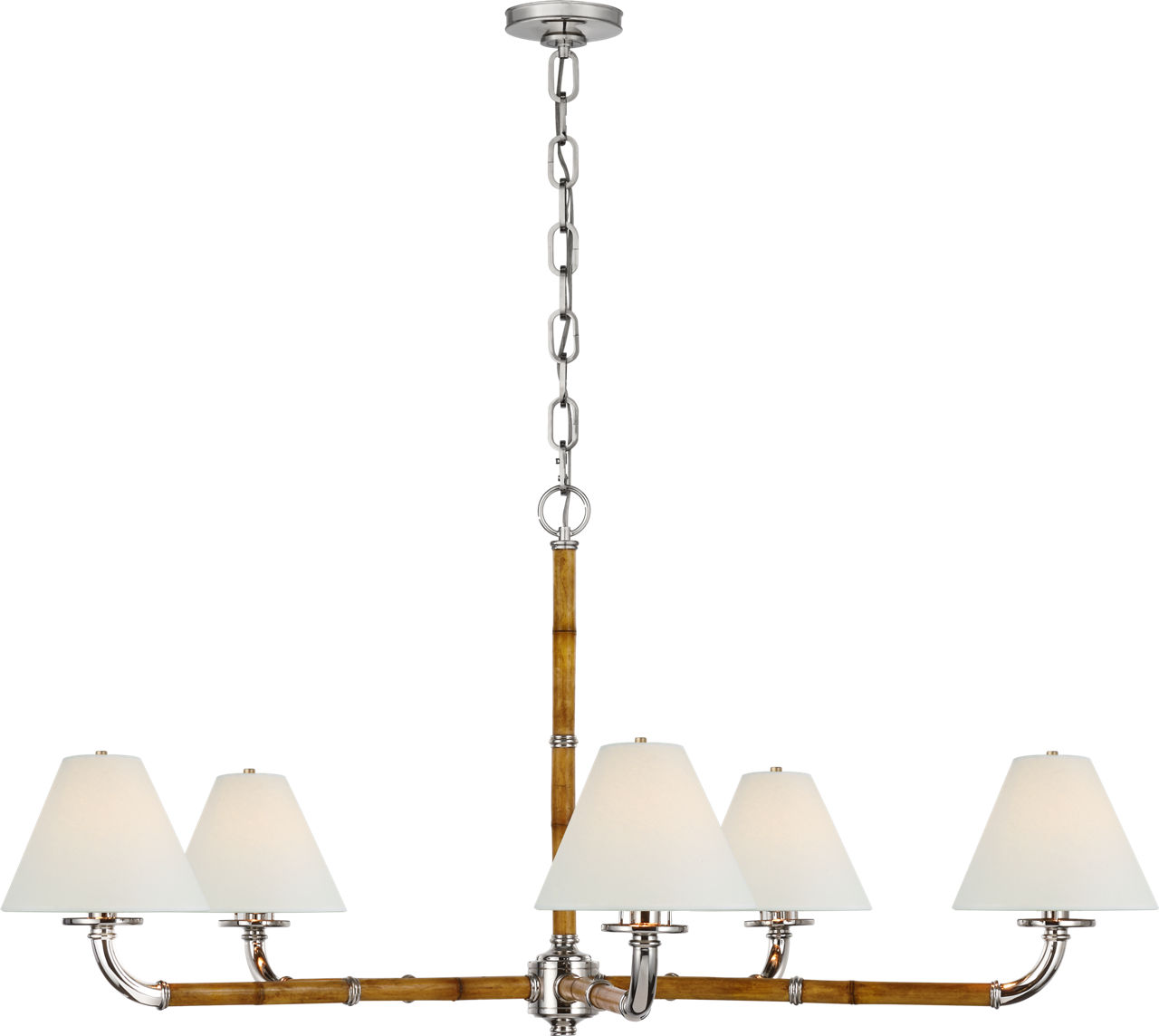 Dalfern Large Chandelier in Waxed Bamboo and Polished Nickel with White Parchment Shades
