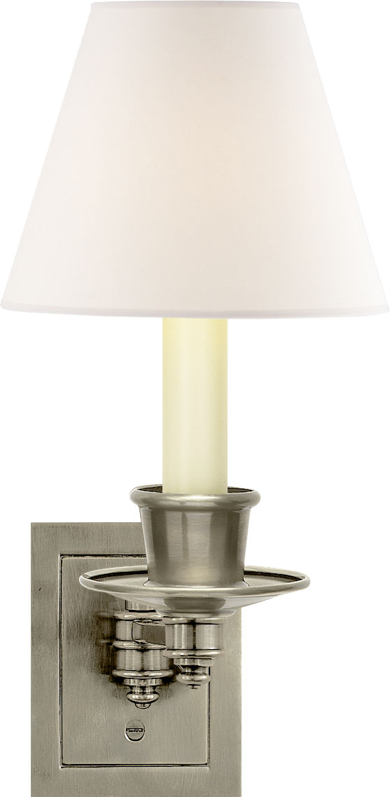 Single Swing Arm Sconce in Antique Nickel with Linen Shade