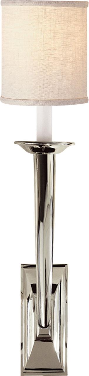 French Deco Horn Sconce in Polished Nickel with Linen Shade