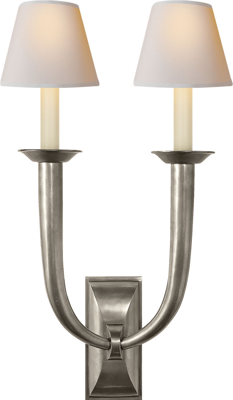 French Deco Horn Double Sconce in Antique Nickel with Natural Paper Shades