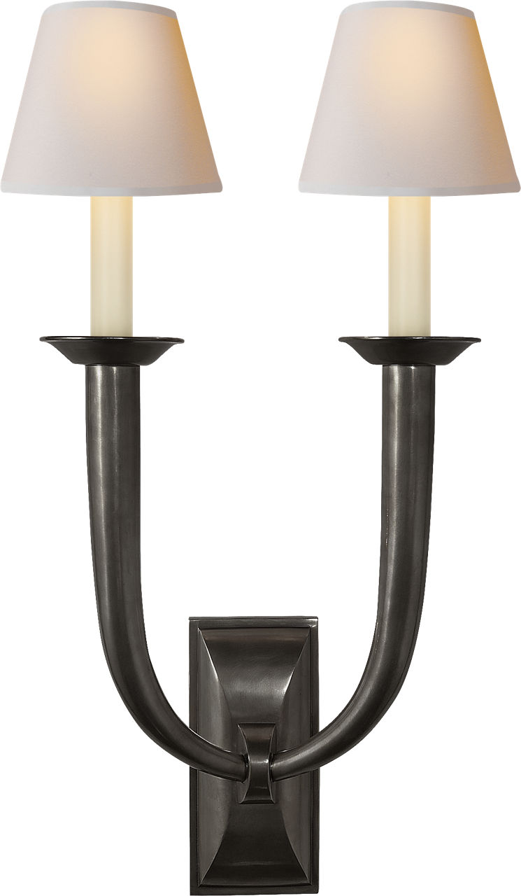 French Deco Horn Double Sconce in Bronze with Natural Paper Shades