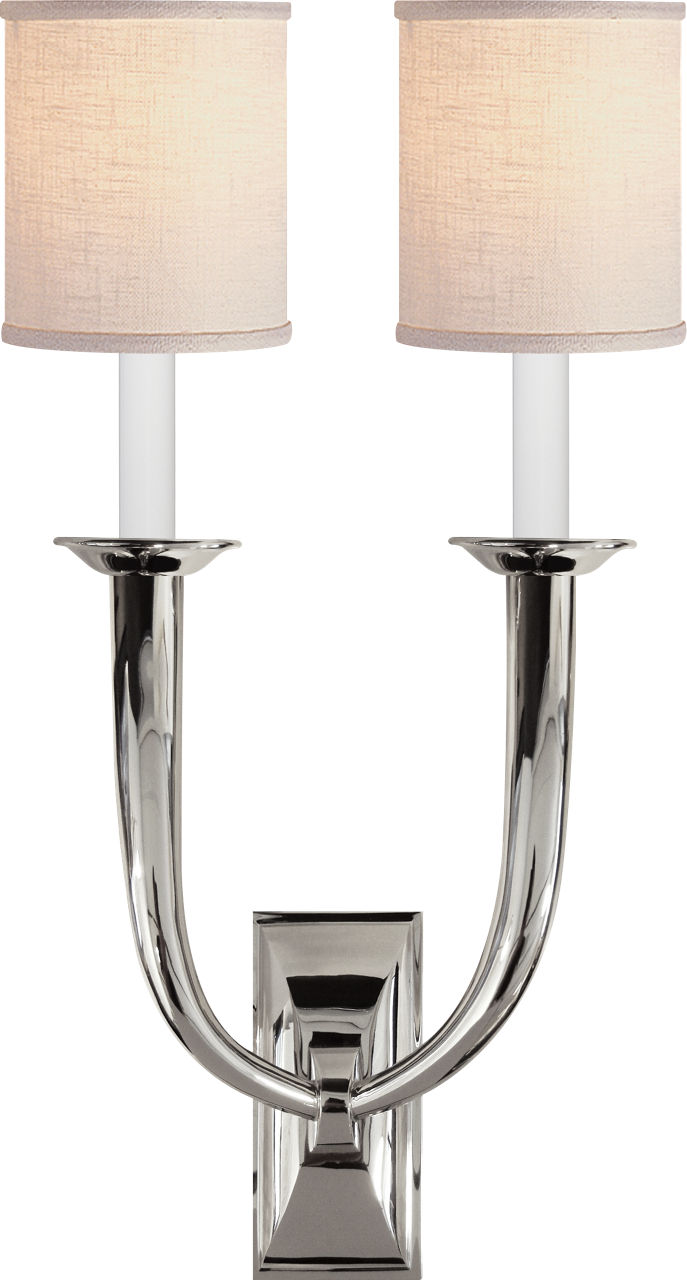 French Deco Horn Double Sconce in Polished Nickel with Linen Shades