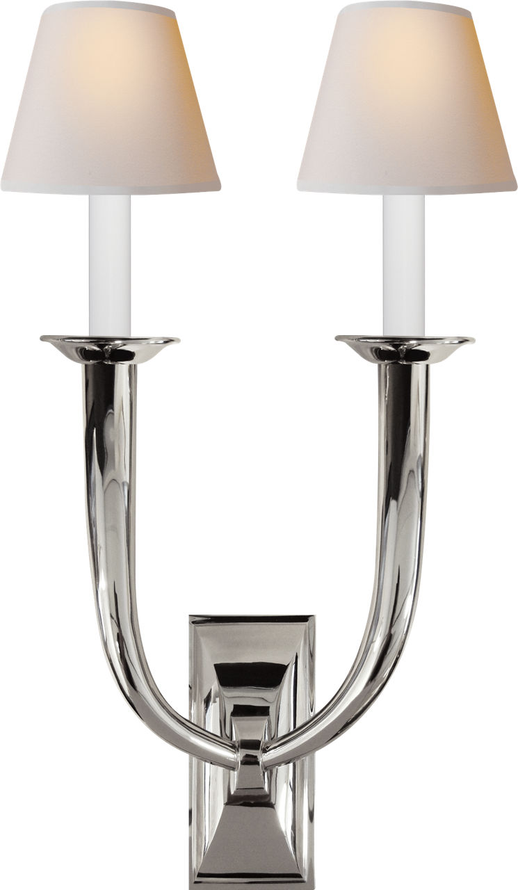 French Deco Horn Double Sconce in Polished Nickel with Natural Paper Shades