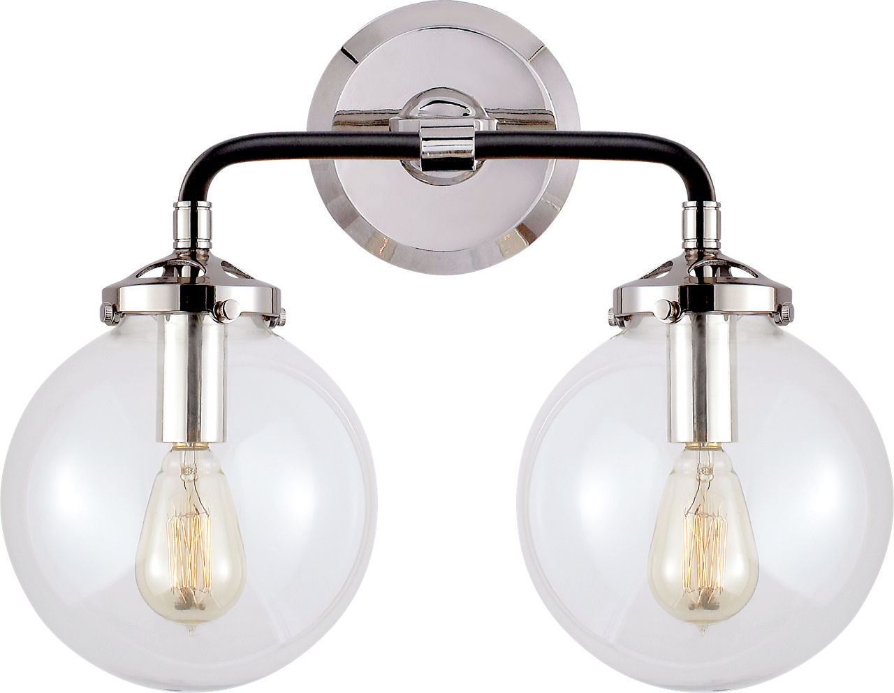 Bistro Double Light Curved Sconce in Polished Nickel and Black with Clear Glass