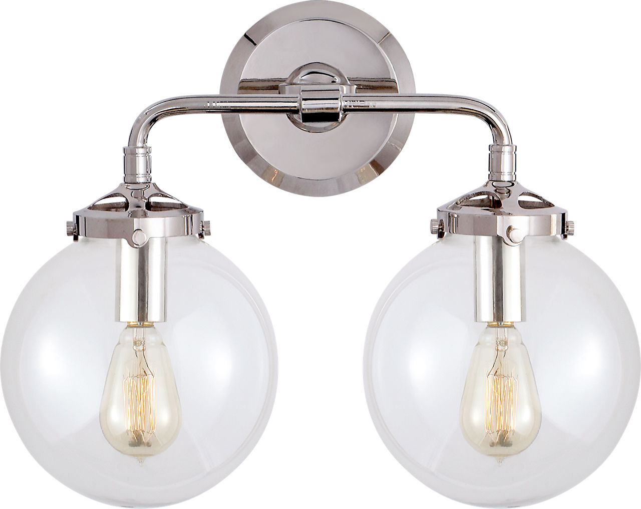 Bistro Double Light Curved Sconce in Polished Nickel with Clear Glass