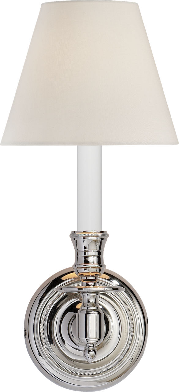 French Single Sconce in Polished Nickel with Linen Shade