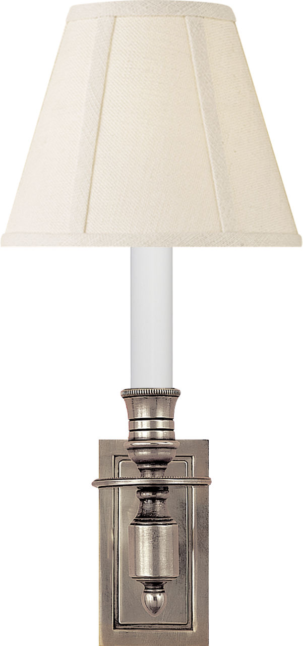 French Single Library Sconce in Antique Nickel with Linen Shade