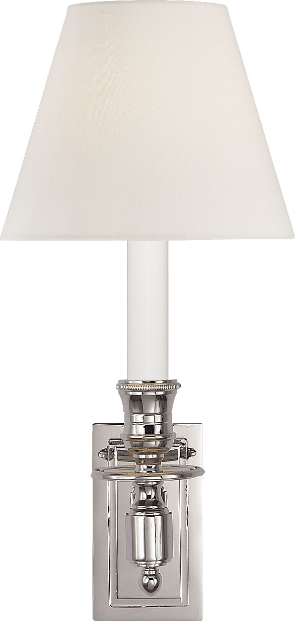 French Single Library Sconce in Polished Nickel with Linen Shade