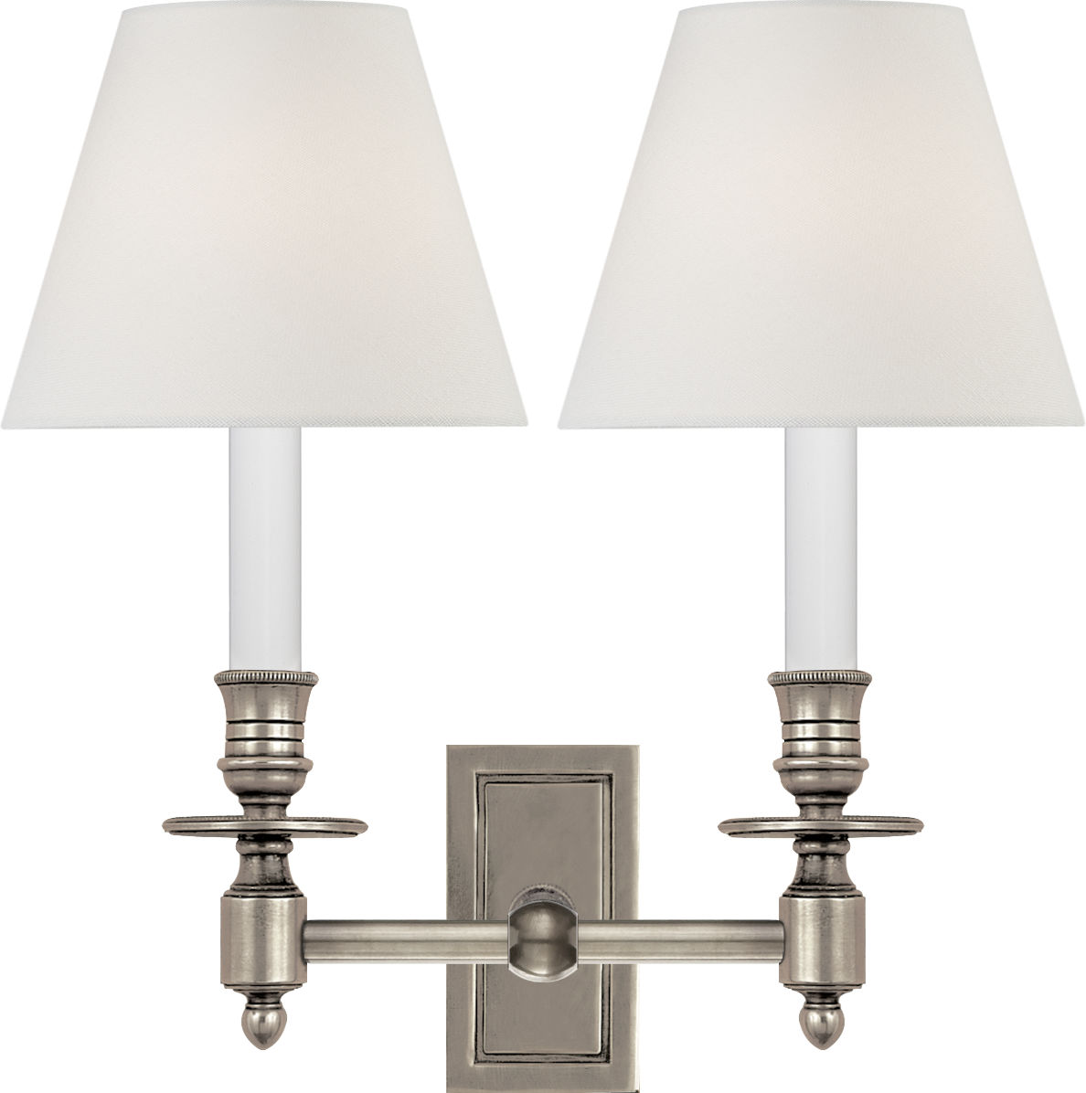 French Double Library Sconce in Antique Nickel with Linen Shades