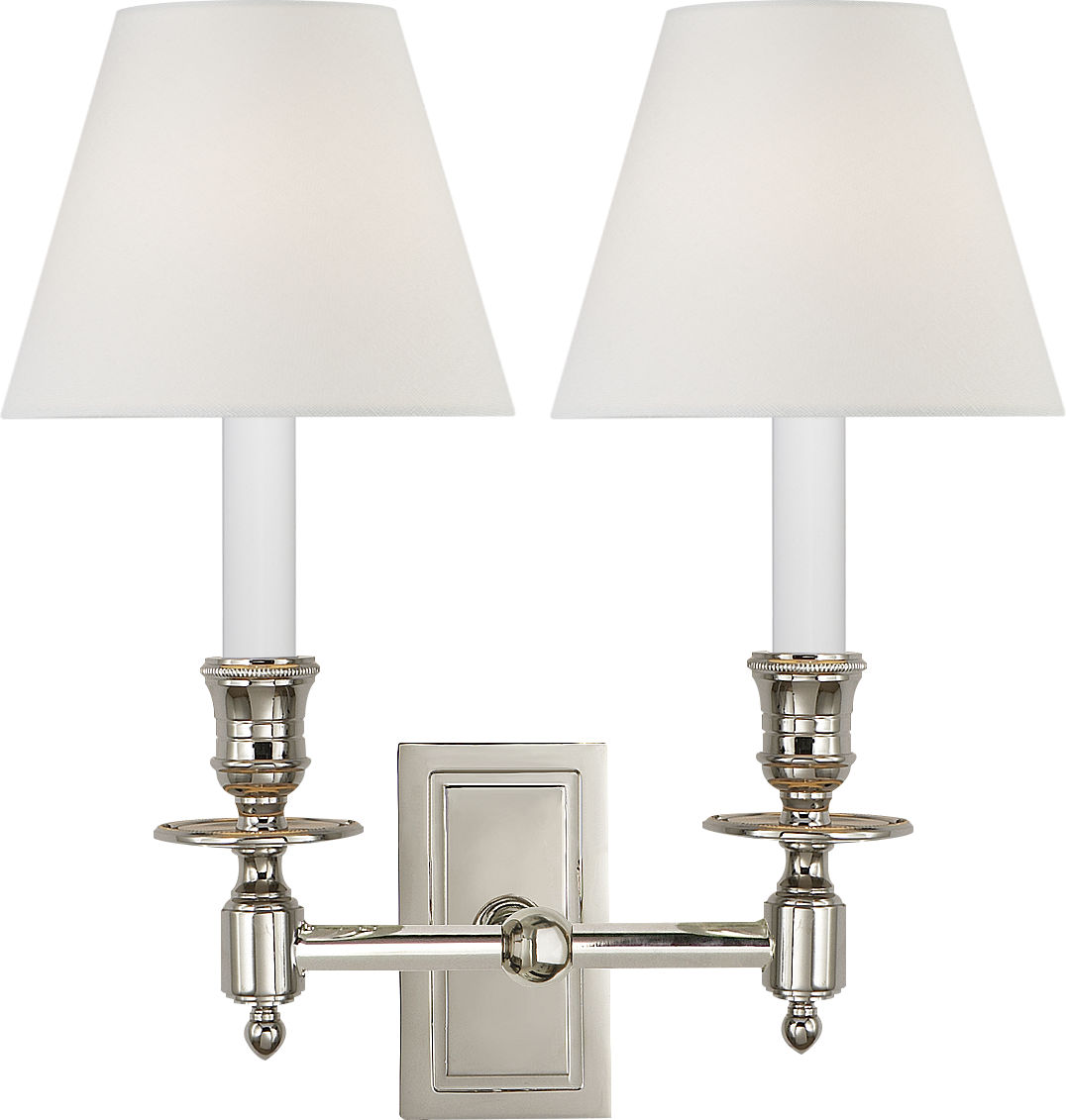 French Double Library Sconce in Polished Nickel with Linen Shades